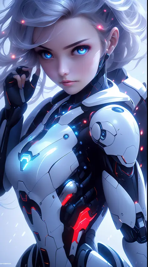 1girl huge large breasts，（edgMechagirl，A woman in a mecha costume，futuristic armor，Wearing edgMechaGirl cyber_armor：1.2），Complex armor mechanism，a bioluminescence，rich color matching，Perfect face，Nice face，Coral eyes，Silver ponytail，mediuml breasts，Very de...