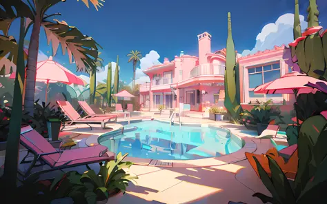 In the middle of the courtyard there is a swimming pool with sun loungers。, vaporwave mansion, jen bartel, Relaxing concept art, Stylized concept art, 3 d render stylized, rossdraws global illumination, art deco outrun anime aesthestic, Resort, ross tran. ...
