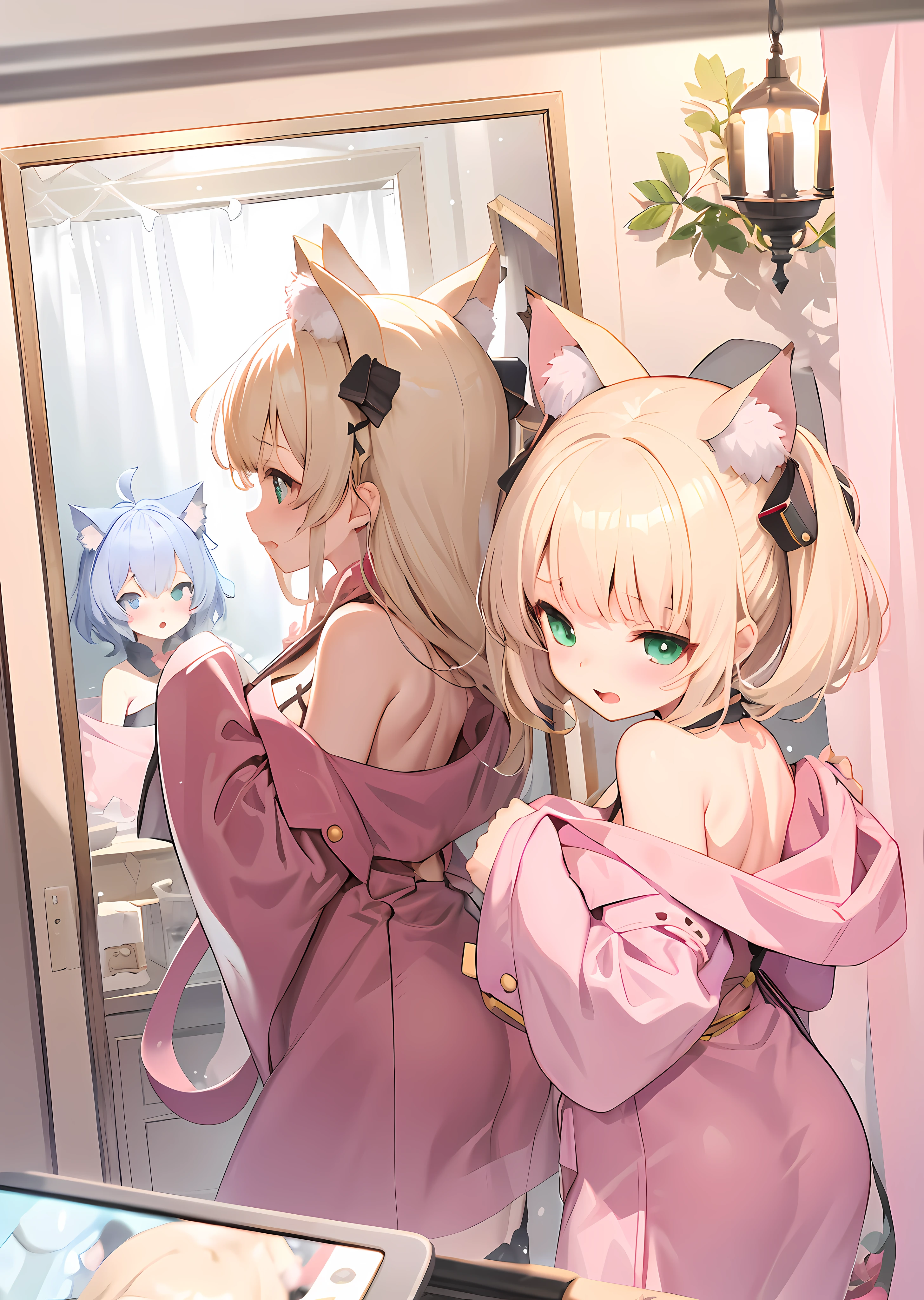 Des personnages d'anime se regardant dans le miroir，Et la femme prend des photos, les gars, wlop et sakimichan, chez pixiv, art zérochan, voie d&#39;azur style, jolie fille chat animée, Nekomimi, drapé de robes roses et vertes, viens de《voie d&#39;azur》jeu vidéo, fille chat, pixiv 3dcg，éclaboussure d&#39;art animé ，Style animé mignon，Sur，qualité optimale，Style Anime Moe，style Pixiv，expression timide，lumière et ombre extrêmes，ultra haute définition，corps sexy