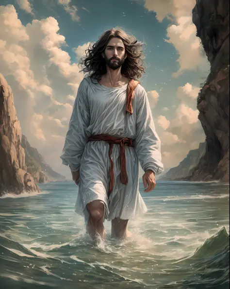 Jesus walking in the water, facing the viewer, 8k resolution, vibrant, Lora --auto --s2