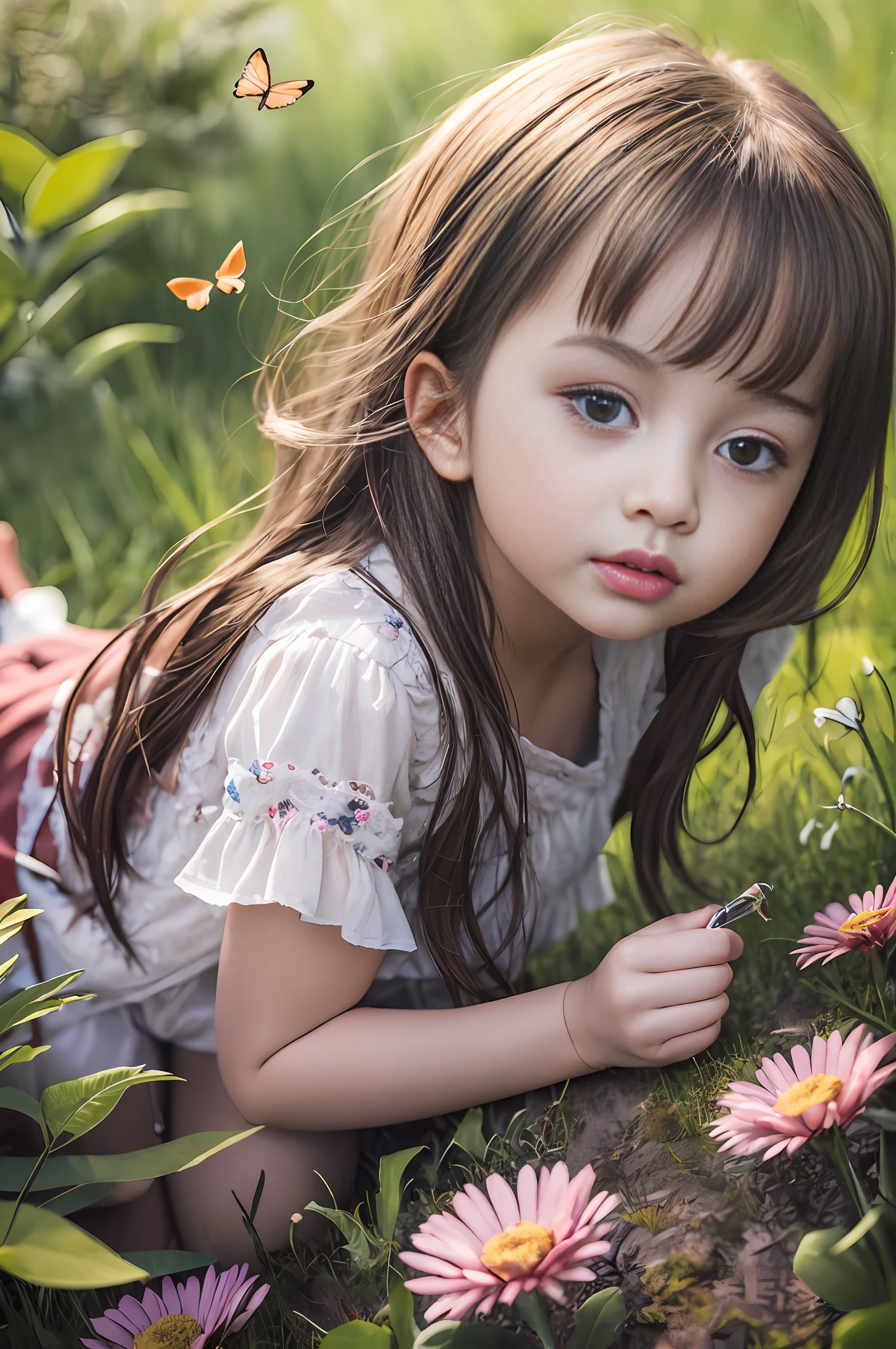 détail élevé, Ultra détaillé, 8k, Ultra haute résolution Une fille mignonne et innocente, , enfant en bas âge, profiter de son temps en plein champ, entouré par la beauté de la nature, le soleil chaud la saupoudre, fleurs sauvages se balançant doucement dans la brise. Les papillons et les oiseaux voltigent autour d&#39;elle, ajoutant à l&#39;atmosphère ludique,