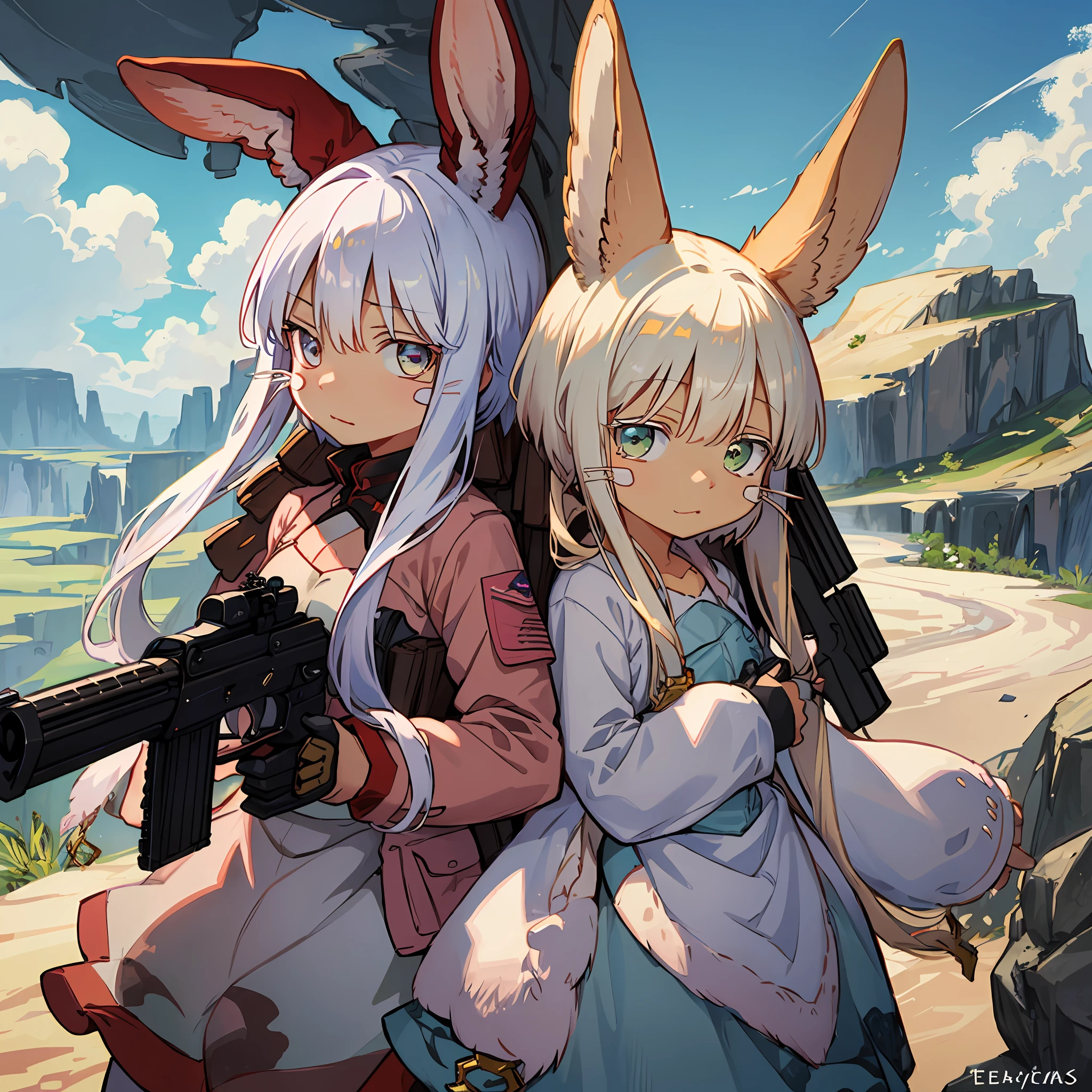 (персонаж наначи made in abyss) Nanachi, Militäruniform, Tarnung, taktische Ausrüstung, Brille, Pistole, Desert Tarnunguflage, Spezialeinheiten