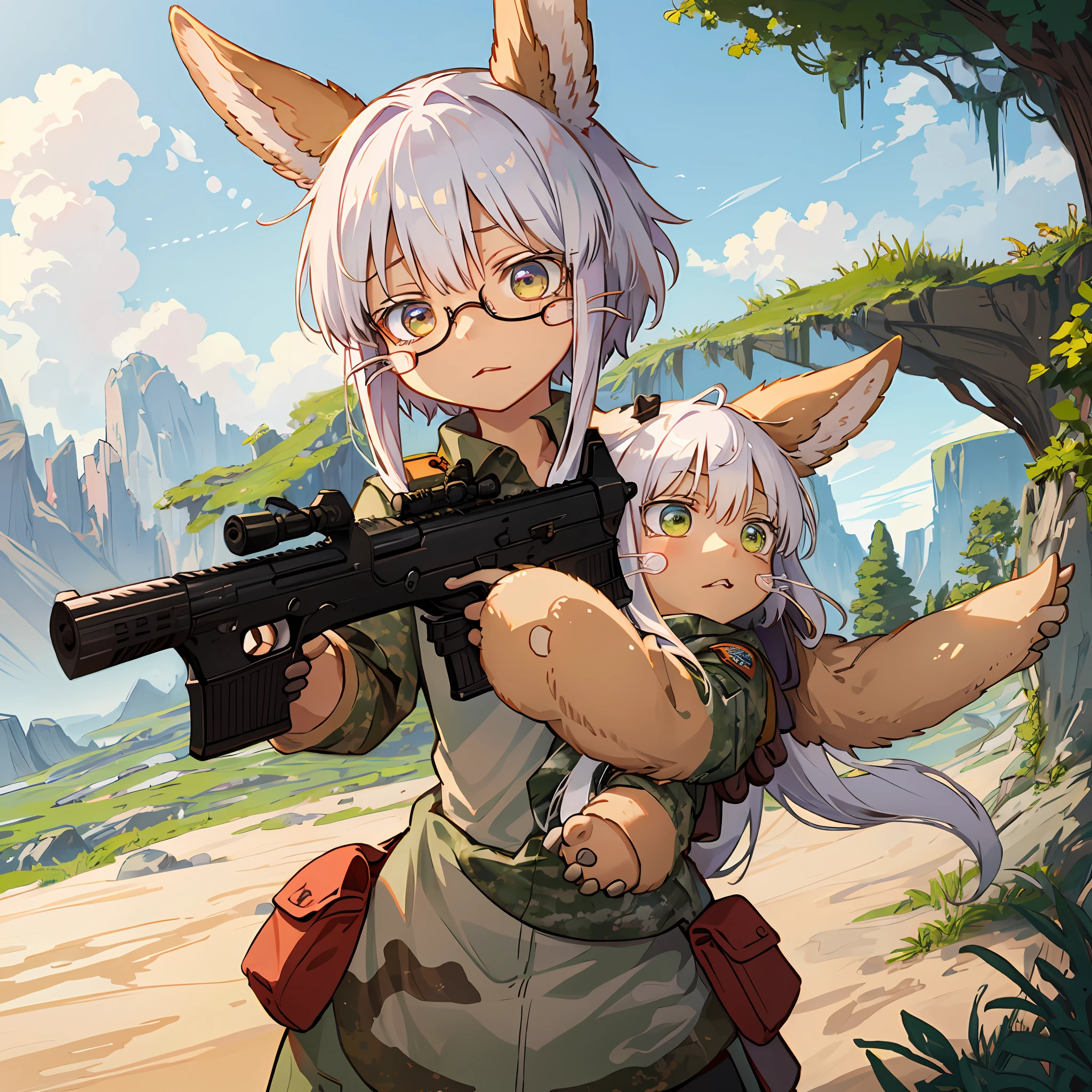 (personnage Nanachi réalisé dans les abysses) Nanachi, uniforme militaire, camouflage, Équipement tactique, lunettes, Pistolet, Camouflage du désertuflage, forces spéciales