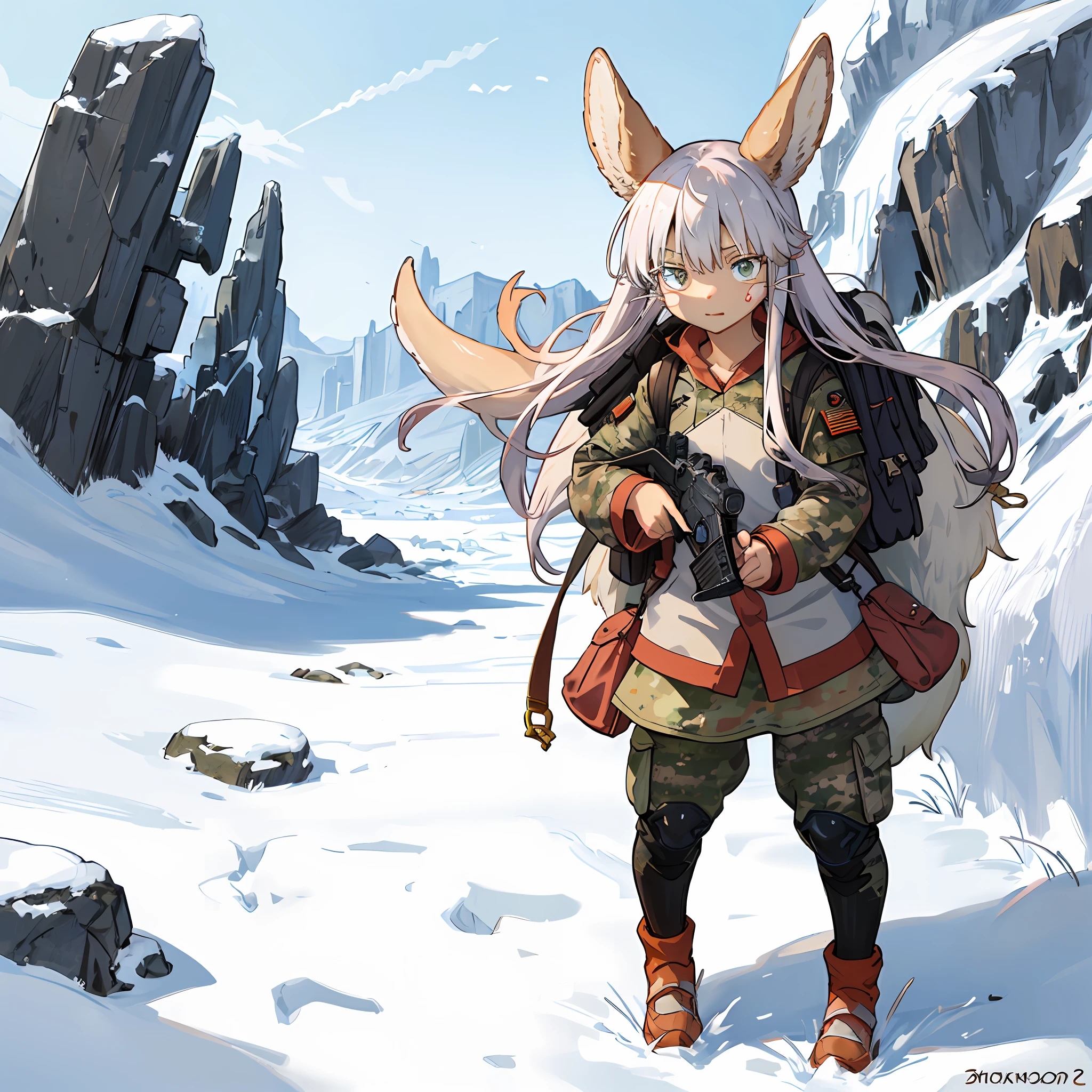 (персонаж наначи made in abyss) Nanachi, military uniform, camo, Tactical equipment, eyeglasses, handgun, Desert camouflage, Special Forces