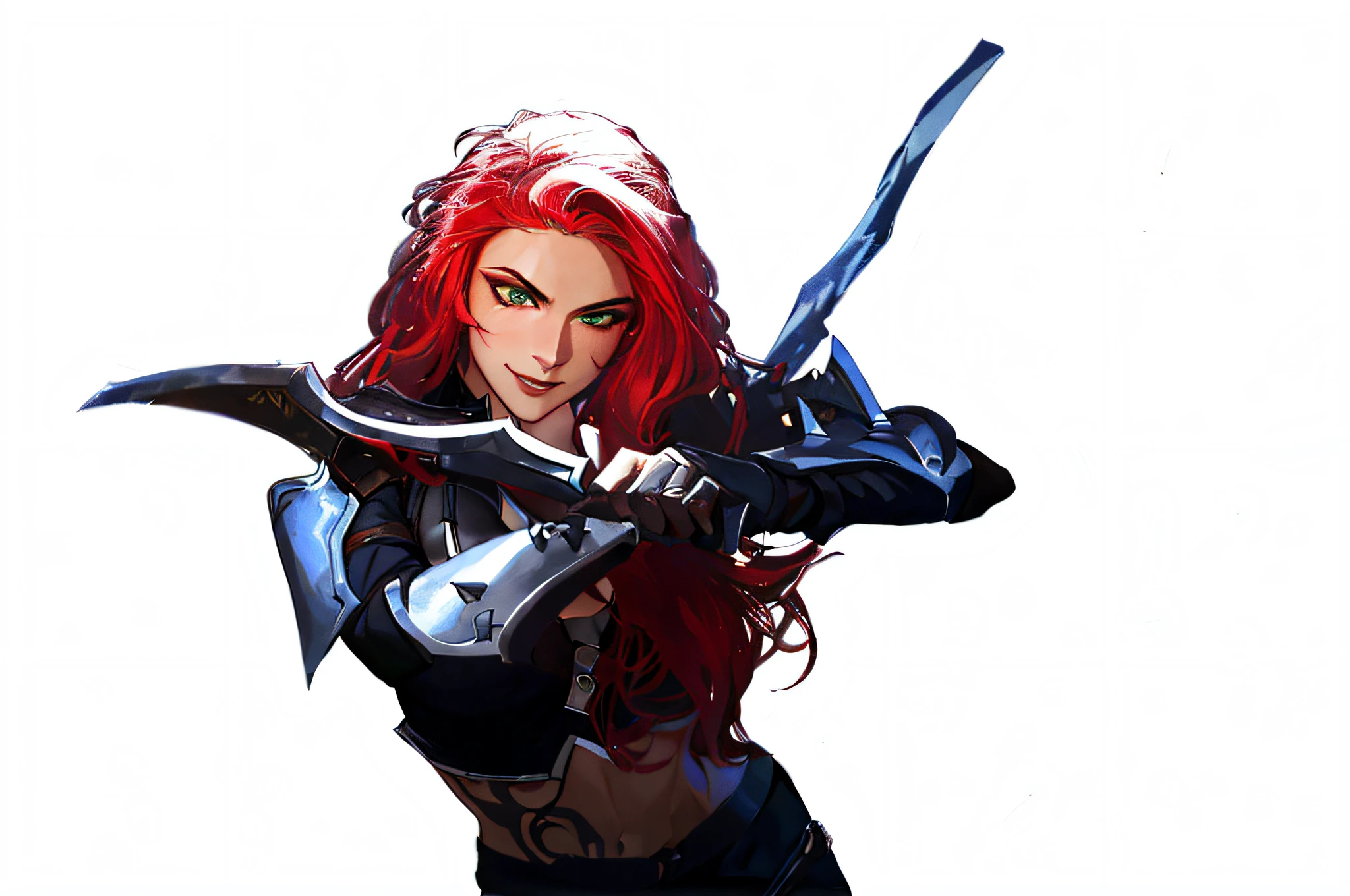 (masterpiece, best quality)1.5, 1girl, solo, (sexy, beautiful woman)1.5, (katarina, belly tattoo, black pants, knee-high lace-up boots, black gloves, harness, dual swords), (fighting stance in the middle of a street, night sky)1.5, (long red hair, green eyes)1.5, (large breasts:1.5), (toned body:1.5), smiling, intricately detailed, smooth, hdr, 4k, 8k