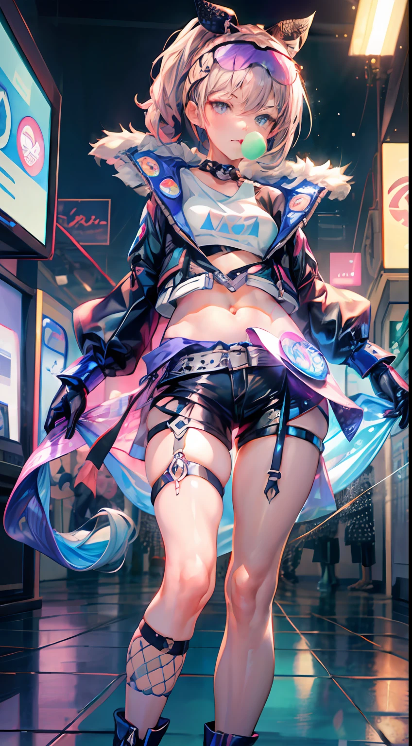 full body, 1girl, loli, solo, Eye focus,Masterfully crafted Glow, pink lens flare, Cinematic background,colourful, hyper details, hdr, ultra detailed eyes, mature, plump, rainbow painting drops,(supermodel:1.3), made up from paint, entirely paint, splat, splash, indoors, (bioluminescent hair:1.1),(glowing eyes),  ((makeup)), fierce, powerful, splashes of colour absolutely eye-catching, dynamic angle, beautiful detailed glow, ambient occlusion, ambient light, raytraced reflections, retro style, living arcade characters, arcade style world, gloves, jacket,weapon, shorts, black gloves, black jacket, gun, drill hair, black shorts, eyewear on head, bubble blowing, chewing gum, (Cute face:1.3),