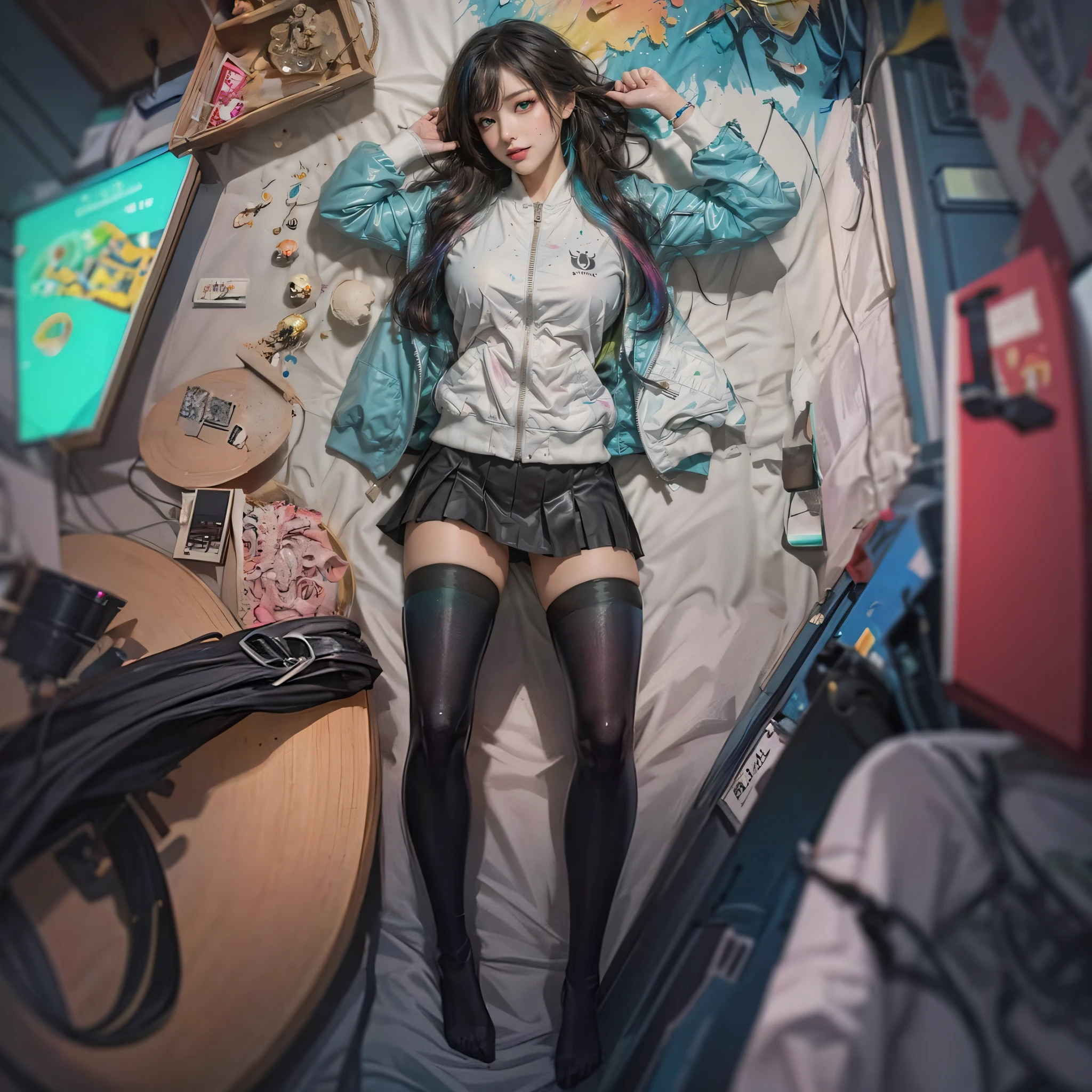 Menina Arapei deitada na cama com fundo colorido。Arte de cosplay de garota de anime Cyberpunk estilo Guwiz，Artista Lu Dongjun，Criado por Yang J.，Tronco Ross 8K，Guvitz na Estação de Arte Pisif。Sakimican Frank Franzeta auxilia na concepção criativa。Garotas de anime usam camisas com capuz。