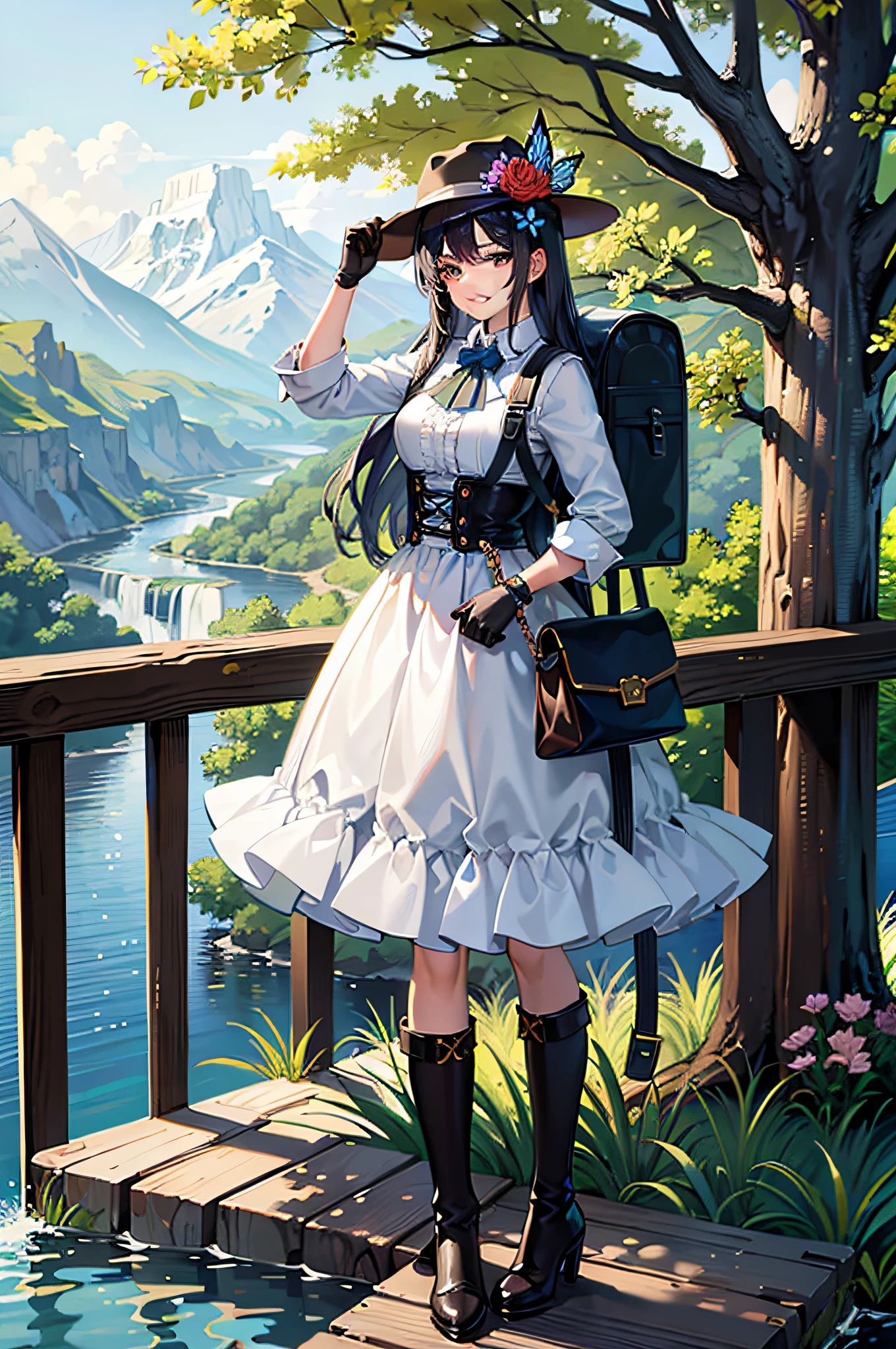 [((masterpiece, best quality:1.4)), (((extremely detailed))), sharp image:1.4, (high quality, highres:1.4)], 1girl, jacket, jeans, boots, gloves, hat, grin, dynamic pose, hair ornament, solo, waterfall:1.4, river:1.4, water, plant, flower, road:1.1, looking at viewer, butterfly, tree, forest, travel:1.4, traveler, ornament, backpack, backpacker