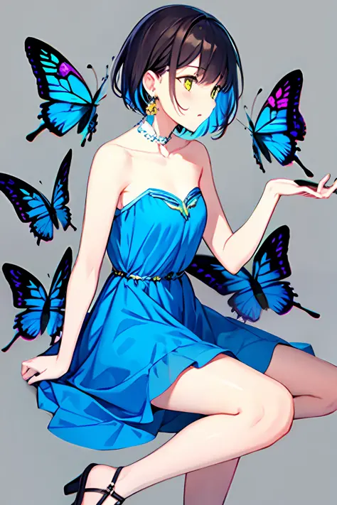 1girl, bangs, bare_arms, bare_shoulders, blue_butterfly, blue_dress, bug, butterfly, butterfly_on_hand, butterfly_wings, collarb...
