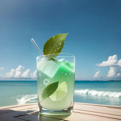 (Photo quality)、((High picture quality))Long cocktail、Square ice and light green transparent sake，Transparent vertical glass。
The glass has water droplets on it、Garnish mint leaves on lime cuts、Straw is stuck、Placed on a hemp coaster、
The location is a bea...