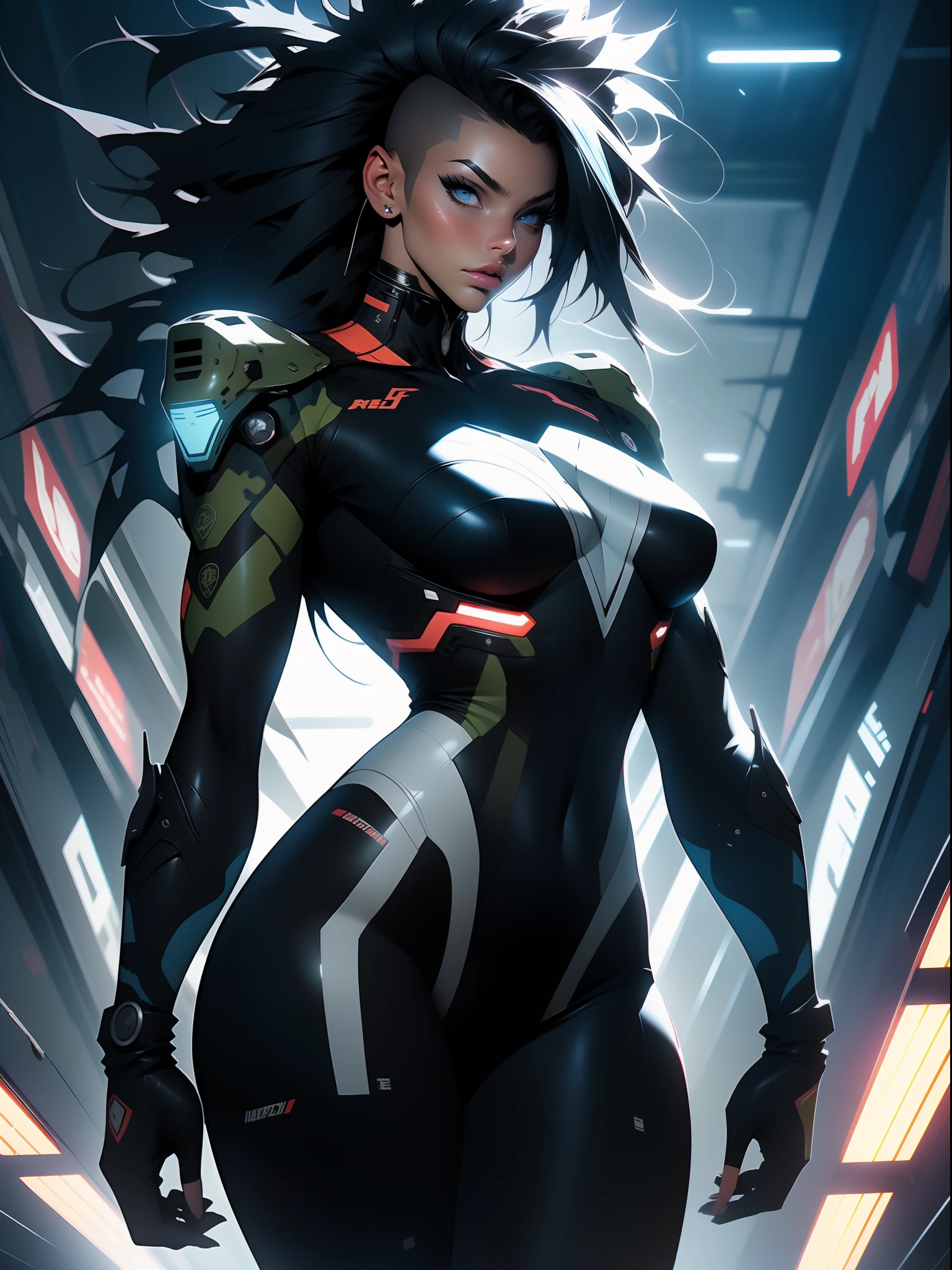 ((Best quality)), ((masterpiece)), (detailed: 1.4), (Absurd), war-ready female soldier with military helmet, Marine, all black, graffiti clothing, dark skin, defined muscular sculptural body, whole body, bare half-thick thighs, closed mouth, perfect body covered in technological clothing, cyberpunk, semi, generous neckline, ((perfect medium breasts)), (super light blue eyes without pupils), ((military camouflage clothing)),  (((black mohawk hair)))), long eyelashes heavy makeup, garter belt, by mucha, niji --V5, close to real, psychopathic, crazy face, sexy pose, background with a giant neon style Robot head Genesis evangelion, 2 piece clothing, shoulder pads with airplane wings, pastel, centered, scale to fit the dimensions, HDR (High Dynamic Range),Ray Tracing,NVIDIA RTX, Super-Resolution,Unreal 5,Subsurface Dispersion, PBR Texture, Post-processing, Anisotropic Filtering, Depth of Field, Maximum Clarity and Sharpness, Multilayer Textures, Albedo and Specular Maps, Surface Shading, Accurate Simulation of Light-Material Interaction, Perfect Proportions, Octane Render, Two-Tone Lighting, Wide Aperture, Low ISO, White Balance, Rule of Thirds, 8K RAW, Crysisnanosuit