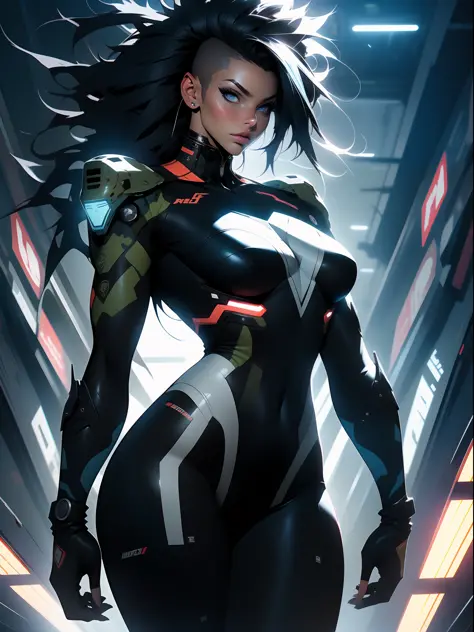 ((Best quality)), ((masterpiece)), (detailed: 1.4), (Absurd), war-ready female soldier with military helmet, Marine, all black, graffiti clothing, dark skin, defined muscular sculptural body, whole body, bare half-thick thighs, closed mouth, perfect body c...