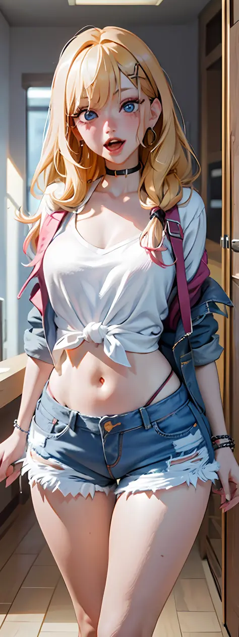 best quality,ultra-detailed,high resolution,extremely detailed cg,anime picture,unity 8k wallpaper,
blond hair,blue eyes,long hair,ripped shorts,white shirt,purse,navel,looking at viewer,hair ornament,pov doorway,open mouth,denim,x hair ornament,cyberpunk,