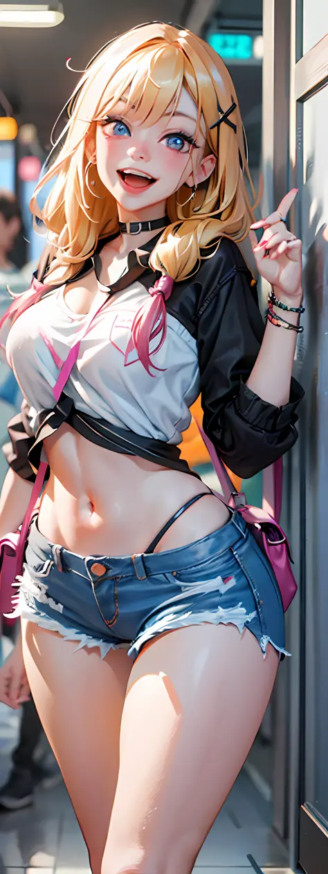 best quality,ultra-detailed,high resolution,extremely detailed cg,anime picture,unity 8k wallpaper,
blond hair,blue eyes,long hair,ripped shorts,white shirt,purse,navel,looking at viewer,hair ornament,smile,pov doorway,open mouth,denim,x hair ornament,cybe...