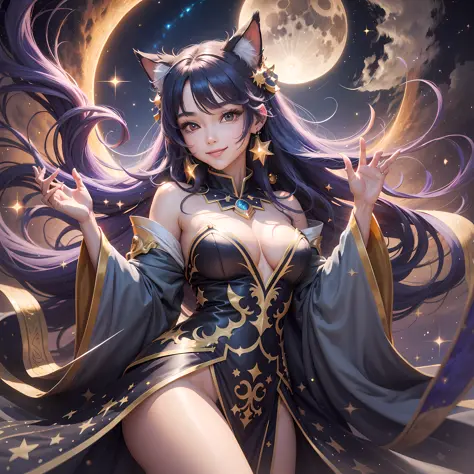 Make Mid-Autumn Festival posters，Black background，80%lune，The moon above thought of a Chinese beauty，Black hair，Wear white Hanfu，The chest is large，show legs，The legs are long，Holding the Jade Rabbit, laughing very happily, In the style of Temmie Chang, wa...