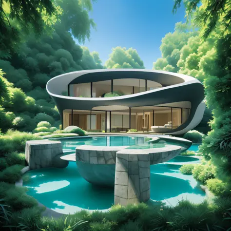 arquitectura de casa design futurista moderno grande penhasco Casa com uma cachoeira artificial e uma piscina no meio, a naturez...