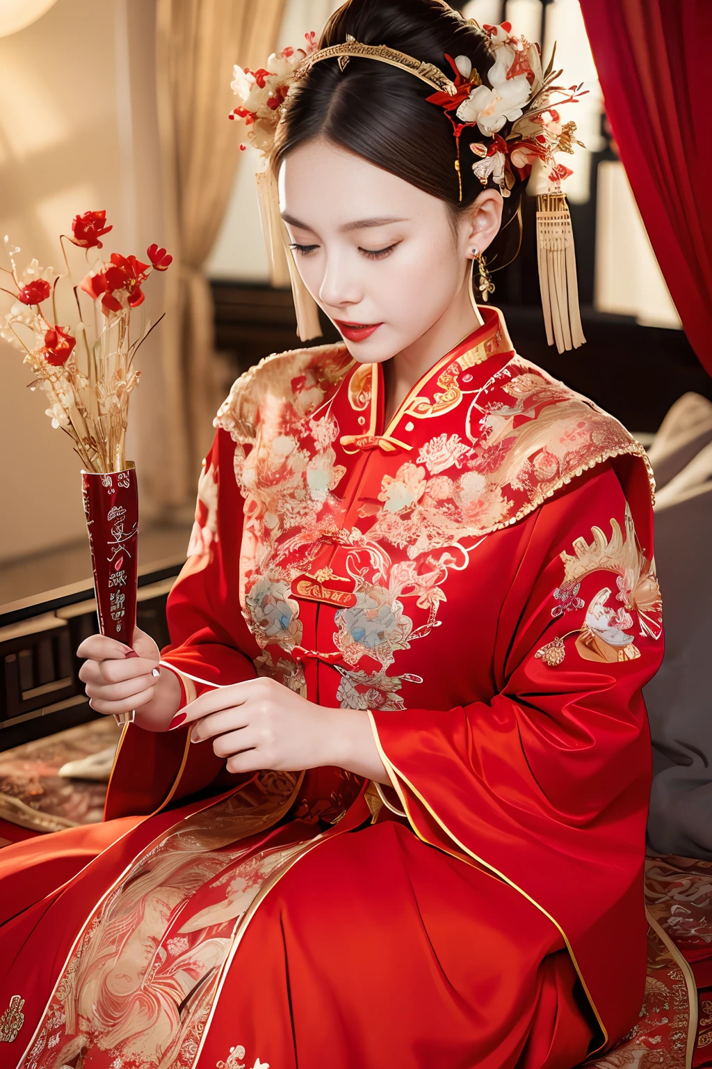 (Ultra-realistic 8k CG: 1.2), perfect artwork, delicate patterns, intricate details, (unparalleled masterpiece, best quality: 1.2), (extremely complex: 1.2), a woman in a red and gold dress, phoenix crown, hair stick, (sitting on a red bed), makeup, blush, shyness, black_hair, looking down, cosmetics, (forehead point), (2 red candles), Chinese_clothes, curtains, earrings, hair_ornament,hanfu, interior, jewelry, red nails, long_sleeves, red dress, red lips, tassels, (red quilt), (red palace: 1.2), (ancient Chinese architecture), (red: 1.8), night