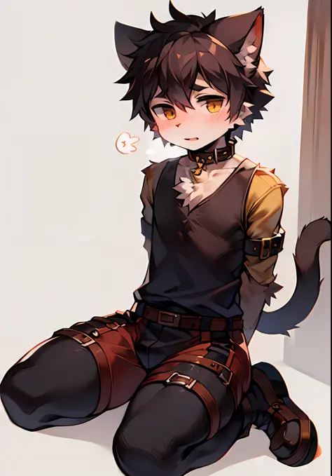 Shota，Hairy male，cat ear，Cat tail，Sit on your knees，binding，Wear a collar