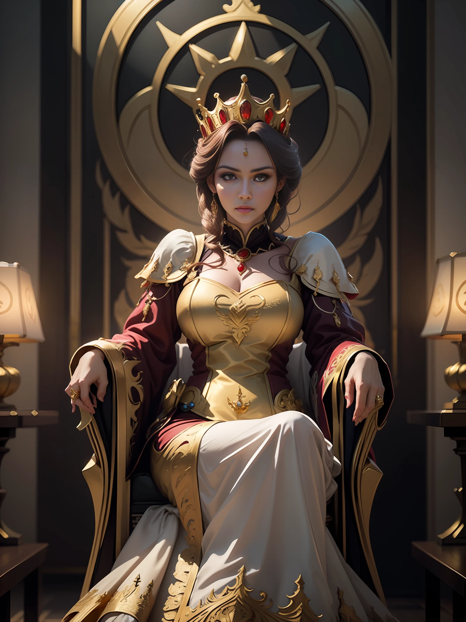 best quality, masterpiece, detail, intricate details, realistic cinematic lighting, (fantasy art: 1.6), (ceza: 1.1), (façade: 1.2), upright, royal, majestic, queen, (huge and golden thrones: 1.4), crown, close up front, solemn, throne, upright posture, serious, dignity, gaze ahead, contemplation, jewelry, solo, divine light, 1 woman, (gold and red dresses:1.2), golden palace,mirelia