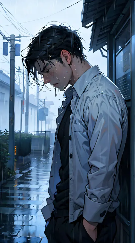 masterpaintings，optimal quality，downpour，A guy，Extremely depressing，with short black hair，weeping，Hold a headache and cry