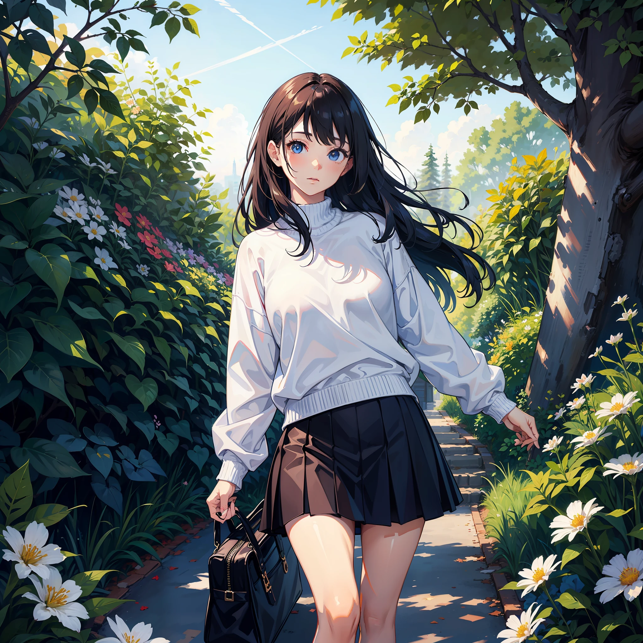 white sweater,masterpiece,high quallity,highly detailed,(1girl:1.2),long hair,white sweater,tight skirt,shushing,eye level view,looking at viewer,bust,tree,flower,