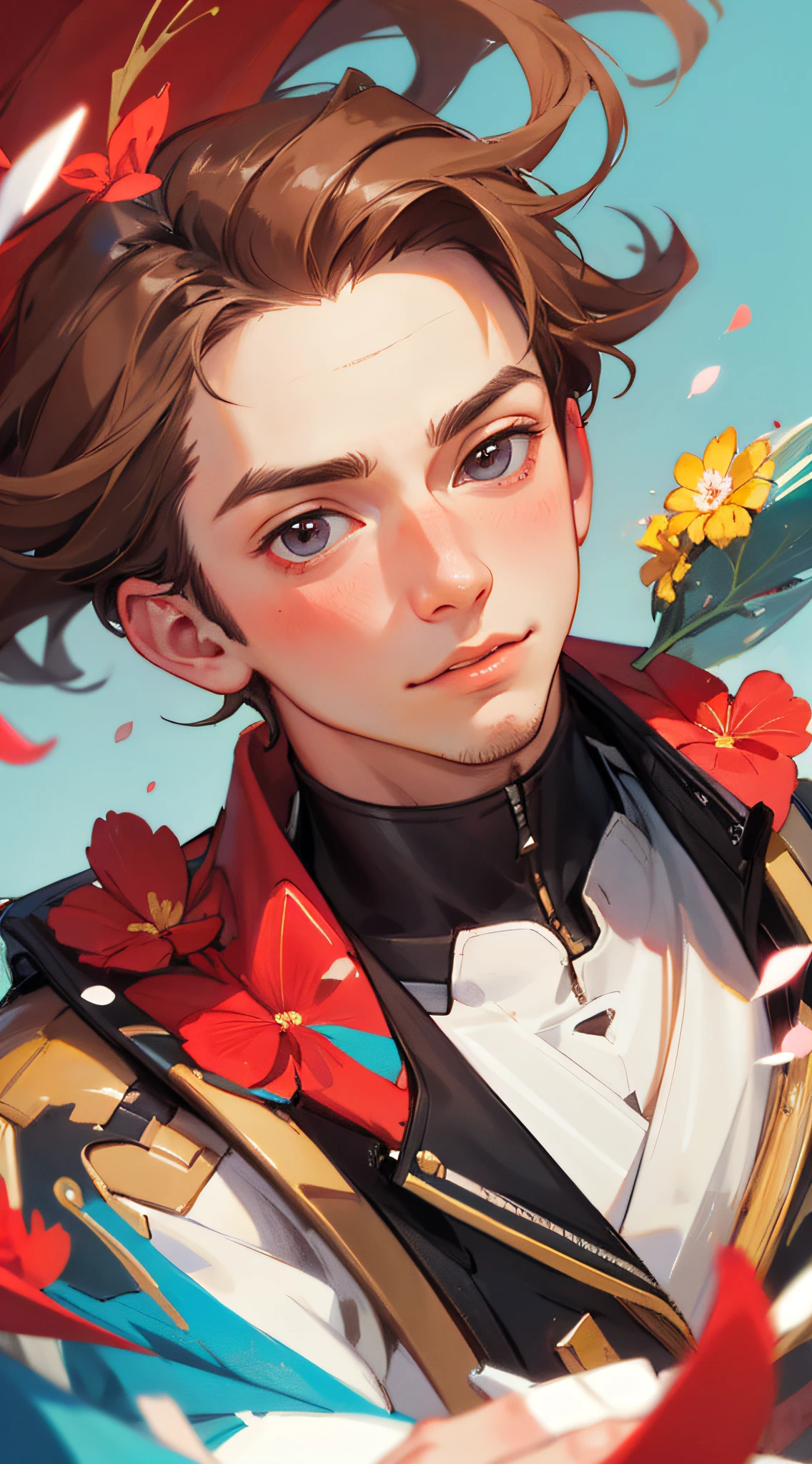 （optimal quality，masterpaintings，Hyper-realistic），1 cute boy portrait，Playful and cute，Background Petals drifting