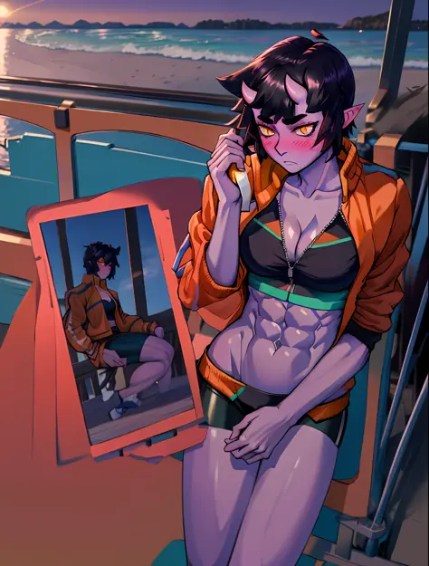 (masterpiece, best quality, absurdres), Ume, oni, slit pupils, cowboy shot, glowing eyes, breasts, cleavage, purple skin, blush, bike shorts, hand in pocket, against railing, track jacket, black shorts, muscular, midriff, abs, beach