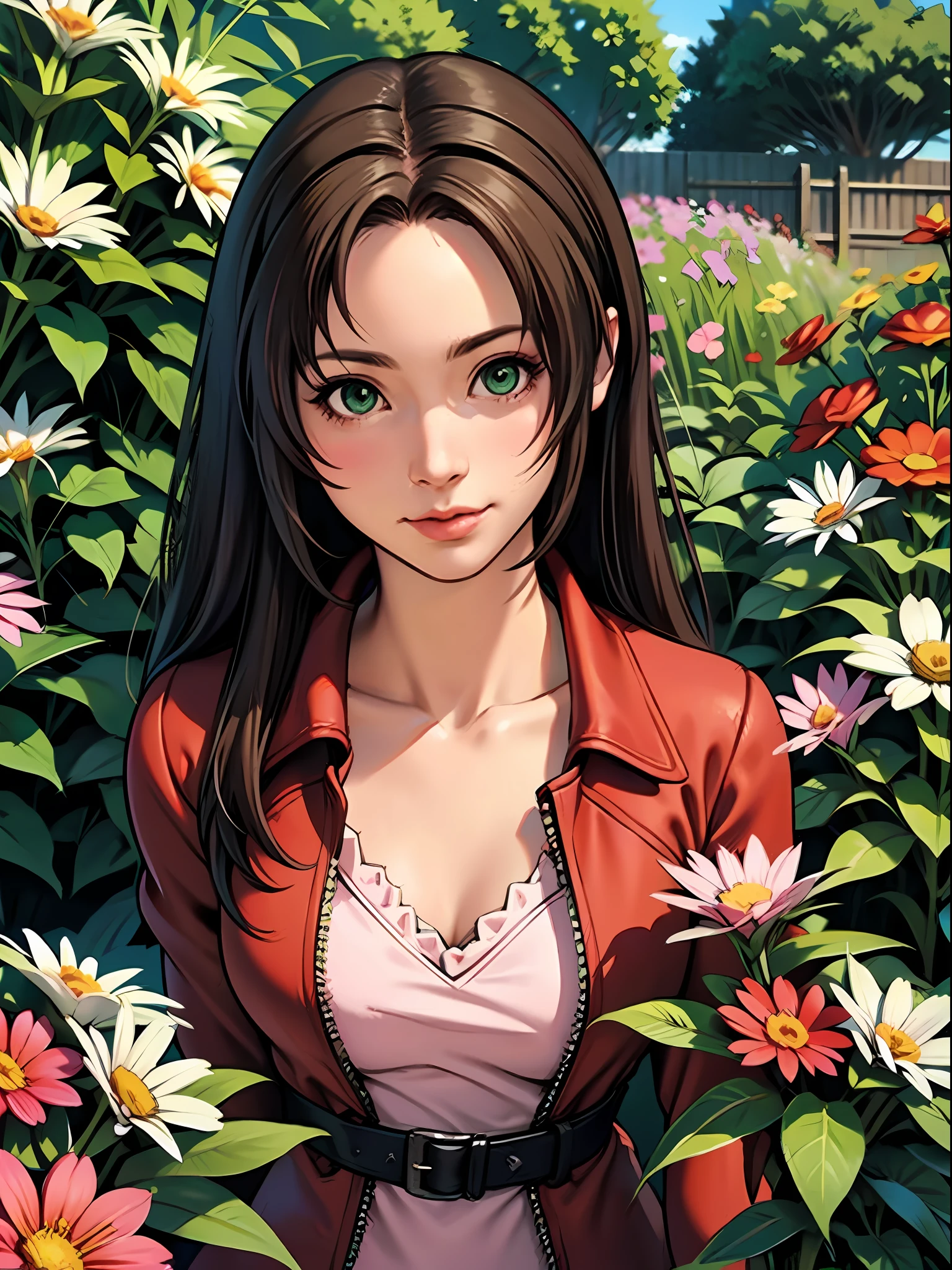 (masterpiece), best quality, narrow perspective, dutch shot, aerith gainsborough, brunette brown hair, green eyes, red jacket, pink dress, on the garden, flowers
