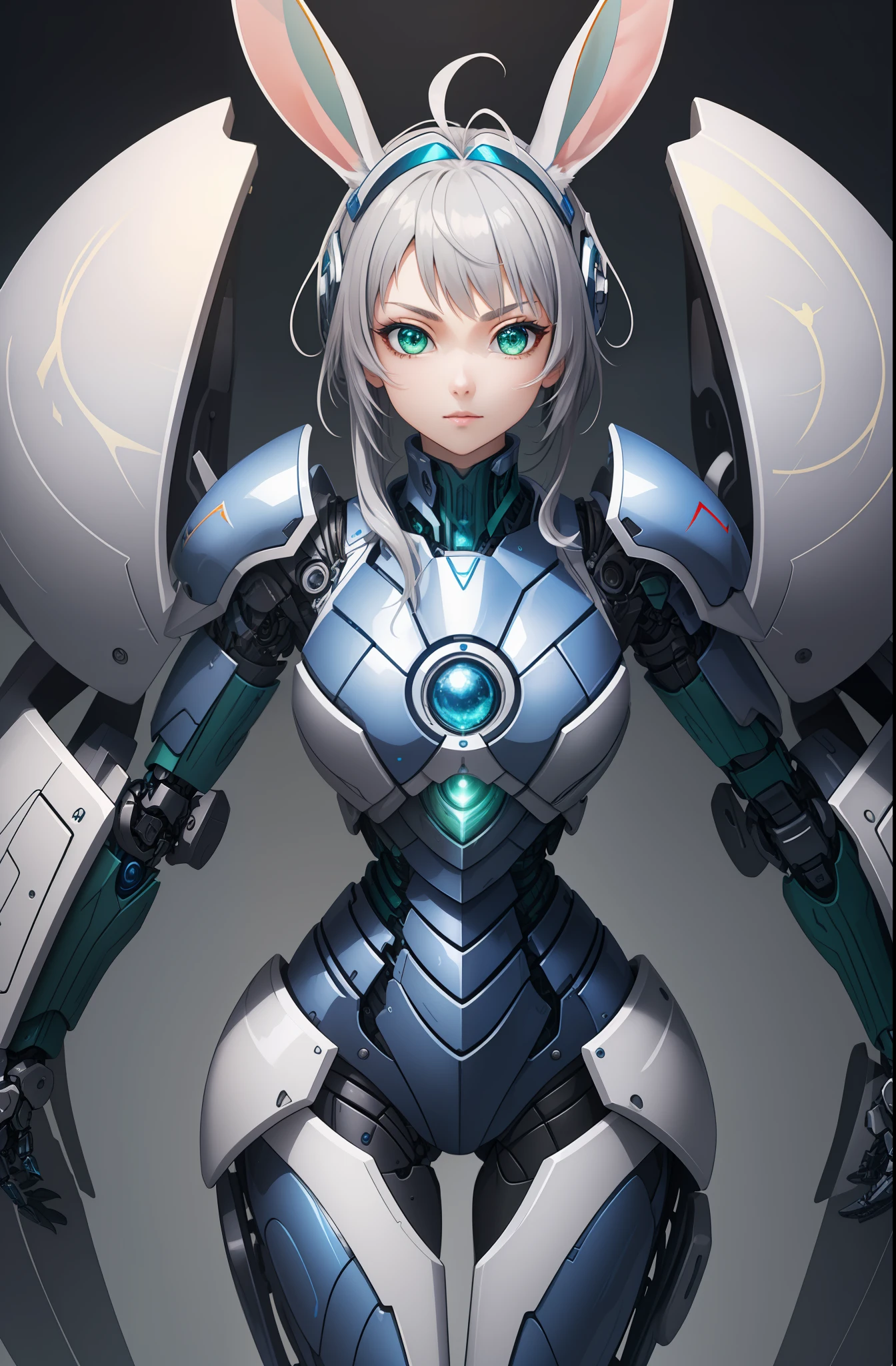 (Super elaborate CG Unity 8K wallpaper, masterpiece, highest quality): (Dynamic Angle, Solo, 1 Girl, blue cyborg armor in the style of police uniform, sparkly green eyes, mental antenna resembling rabbit ears, gray hair)