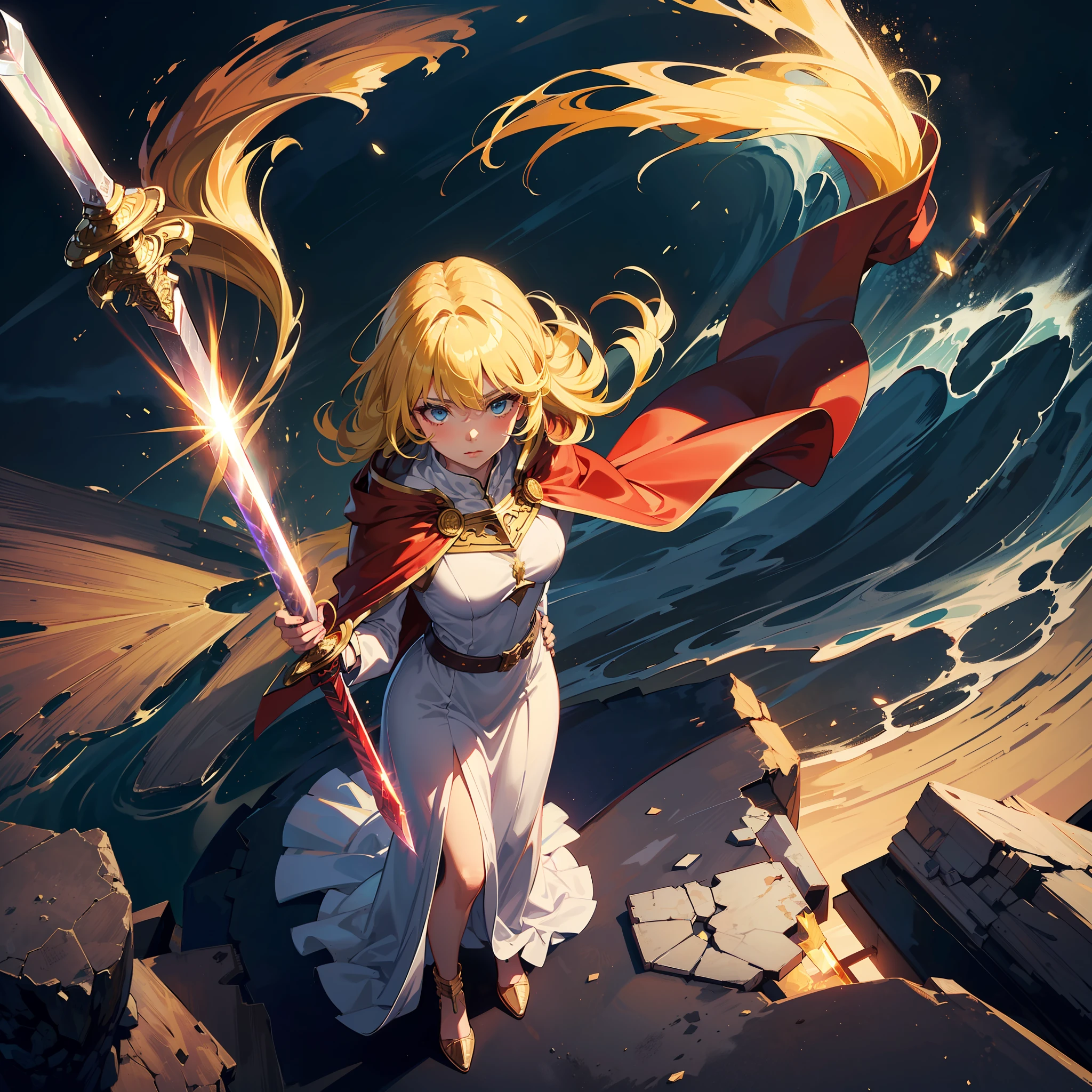 cowboy shot, 1girl, (yellow hair:1.35), blue eyes, (long hair:1.2), silver breastplate and shoulder plate, (red cape:1.25), (white long dress:1.3), (holding golden sword:1.55), (standing on the cliff:1.25), strong light and shadow, Volumetric Lighting, backlight, starry, starry light, (night:1.2), colorful, cloud, star \(sky\), looking at sky, (from above:1.4), (holy light through thick black cloud to the girl:1.28), (light on girl:1.45),