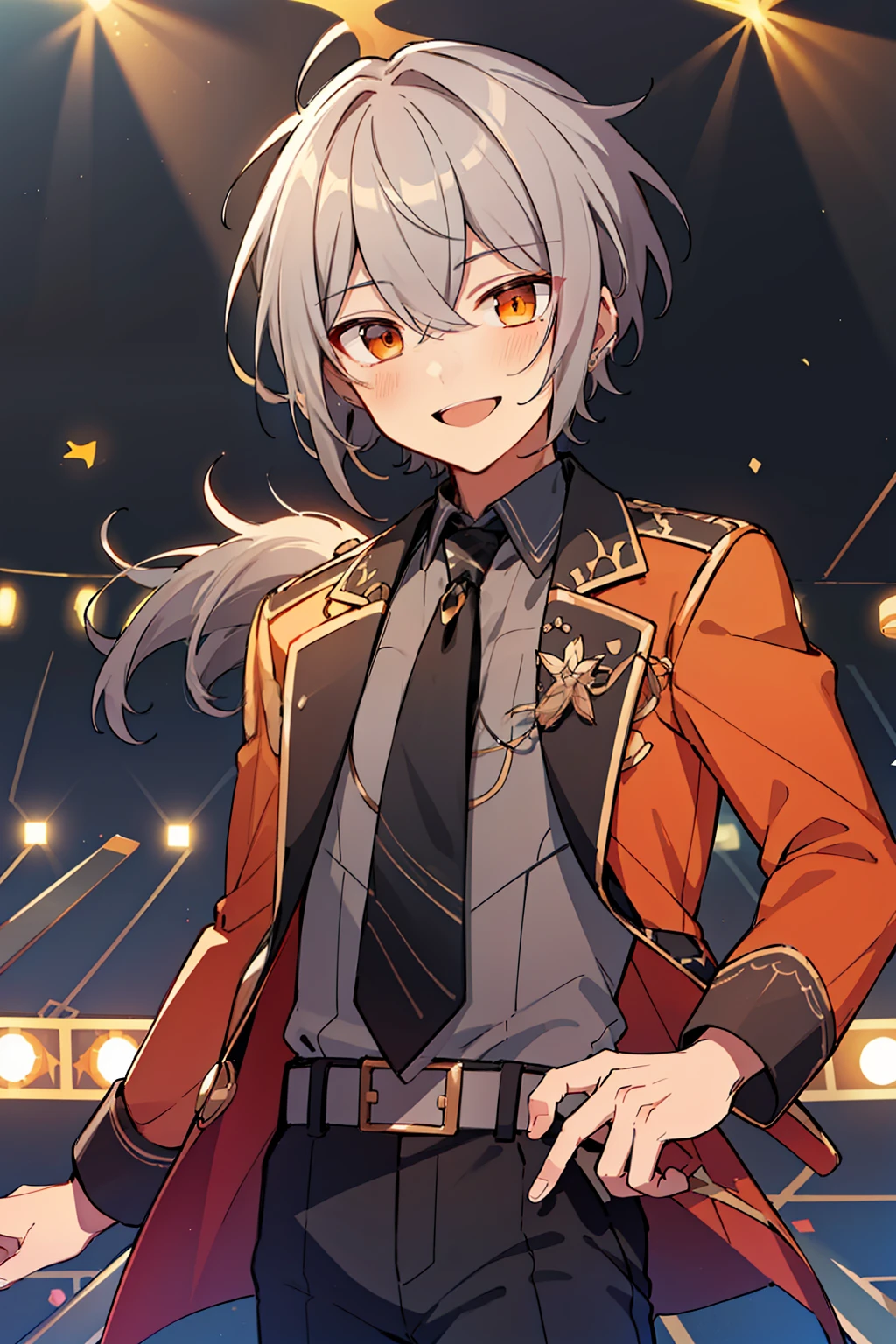 (high-quality, breathtaking),(expressive eyes, perfect face), 1boy, male, solo, short, young boy, grey hair with ponytail, orange eyes, smile, idol outfit, on stage
