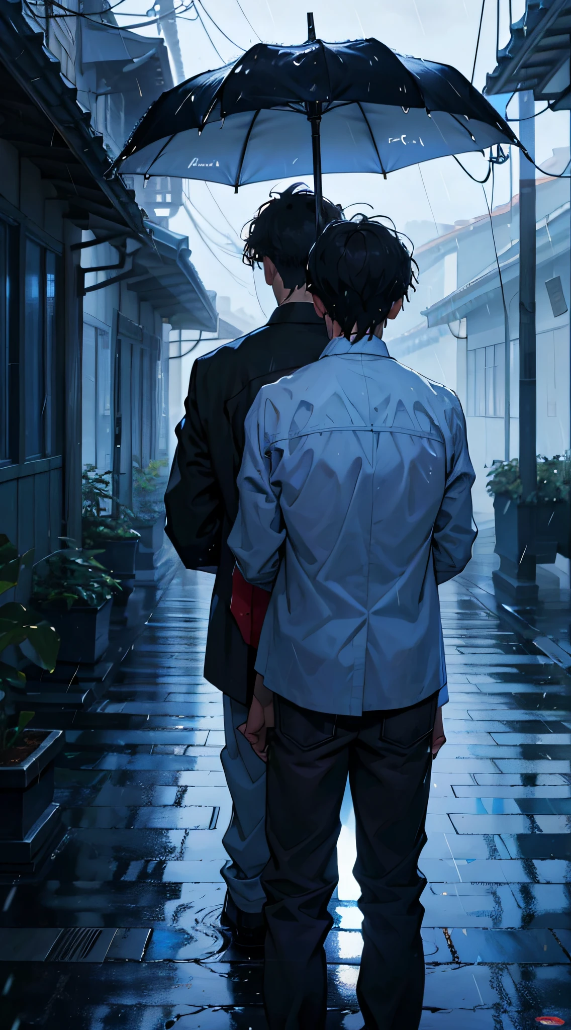 masterpaintings，optimal quality，downpour，Two men，Extremely depressing，with short black hair，Hands together，Back Shadow