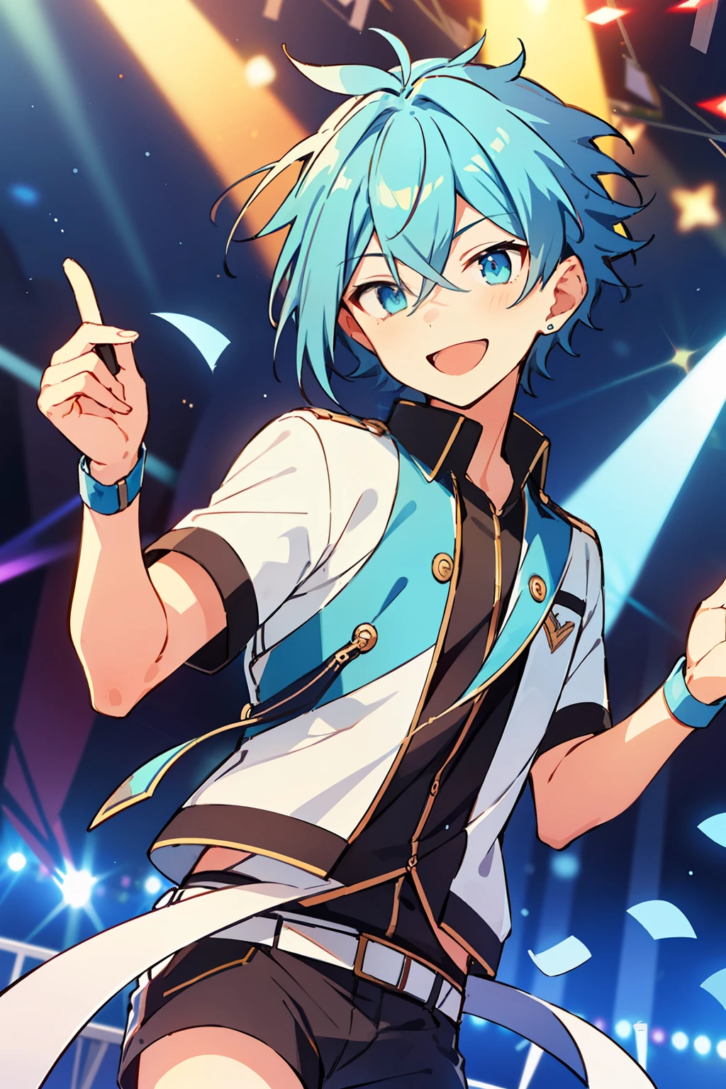 (high-quality, breathtaking),(expressive eyes, perfect face), 1boy, male, solo, short, young boy, short light blue hair, light blue eyes, smile, idol outfit, shorts, on stage