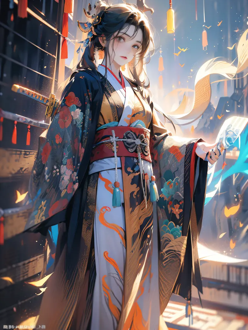 A teenager, length hair, Good looking, (Carrying a long sword on his back:1.2), (Wearing a Taoist robe:1.5), flowy, China-style, Hanfu,(Stand at the foot of a majestic mountain;1.5), Look into the camera, Full body photo, 巨作, ccurate, Anatomically correct,...