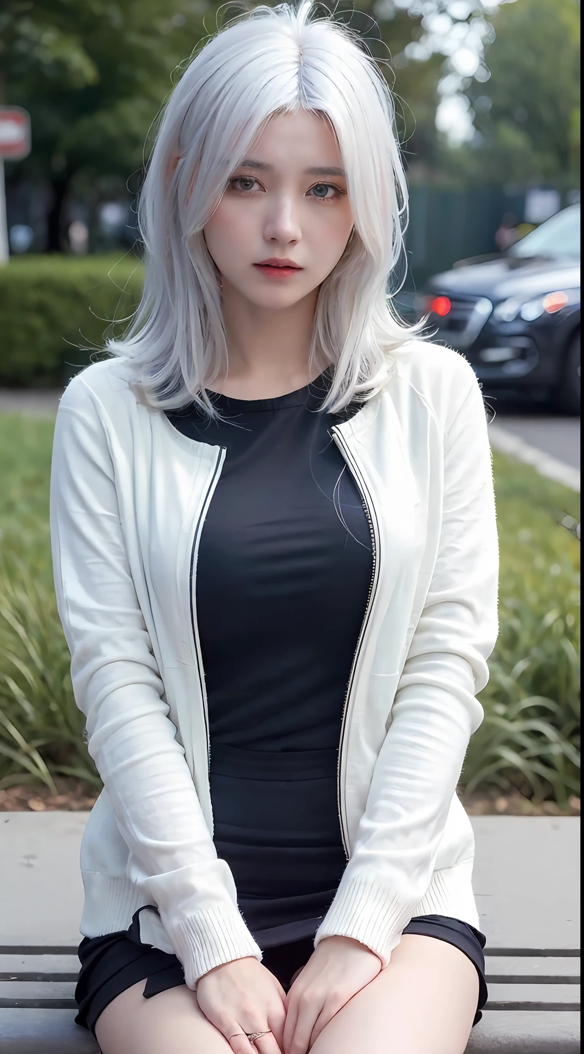 ((Cinematic light, Best quality, 8k, Masterpiece :1.3)), 1girl, thick body :1.4, (ted white hair :1.3), satin skirt, jumper jacket, long shock, seductive open lips, sit on street bench, Ultra-detailed face, Detailed eyes, Double eyelid, river, rain, bokeh, close up, detailed beautiful eyes, blue eyes