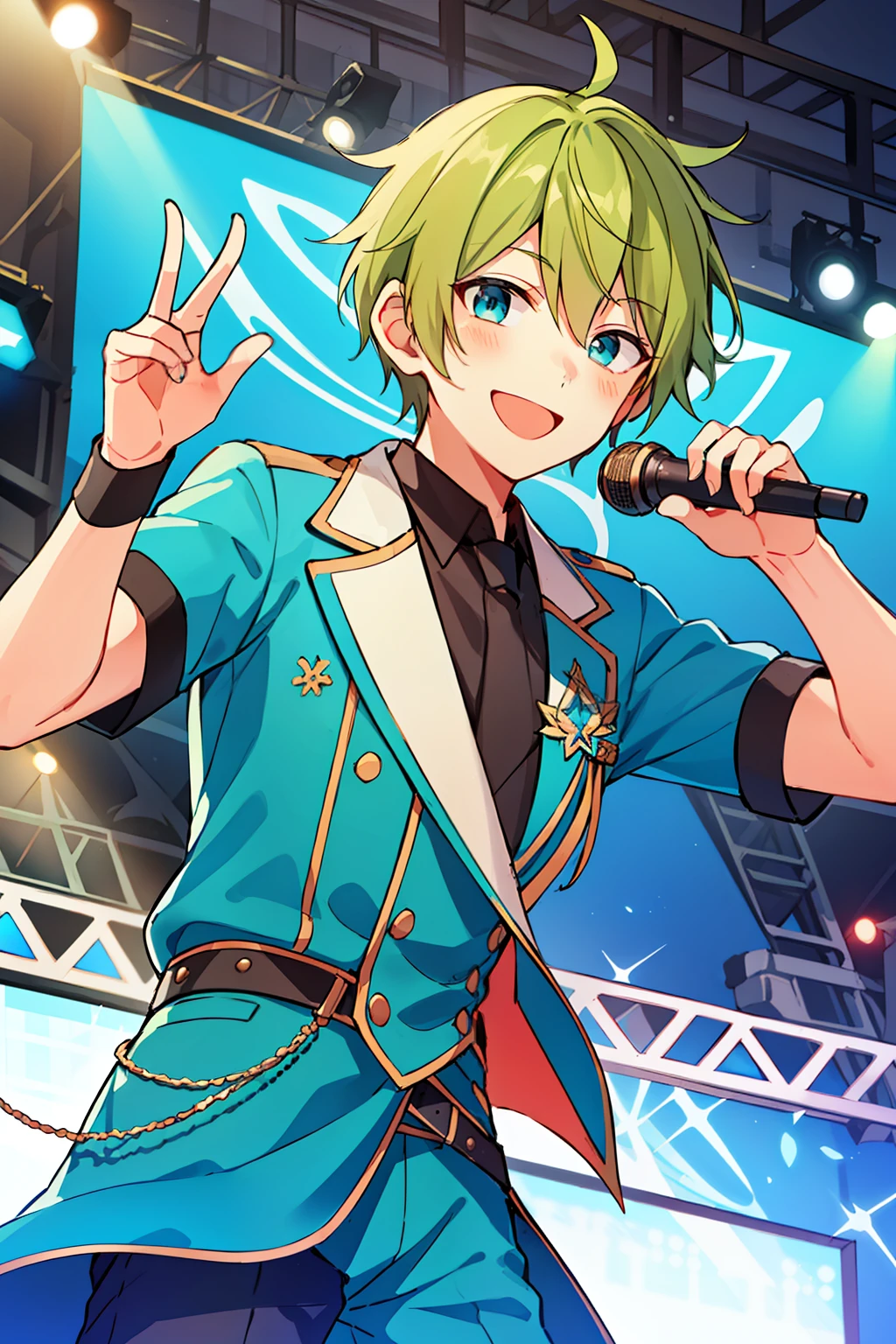 (high-quality, breathtaking),(expressive eyes, perfect face), 1boy, male, solo, short, young boy, short greenish blonde hair, teal eyes, smile, idol outfit, on stage