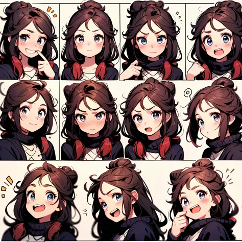 1 cute redhead girl，9 grids，9 poses and expressions，Disney  style，Black strokes，Different emotions，8K