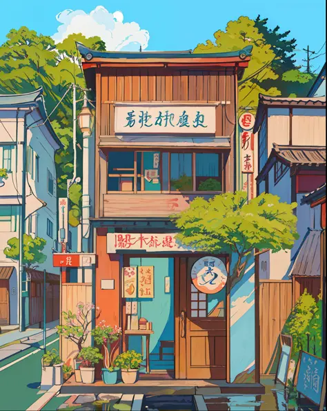 Una pintura de un edificio con un letrero que dice el nombre de un restaurante, Estilo de dibujos animados japoneses, japanese a...