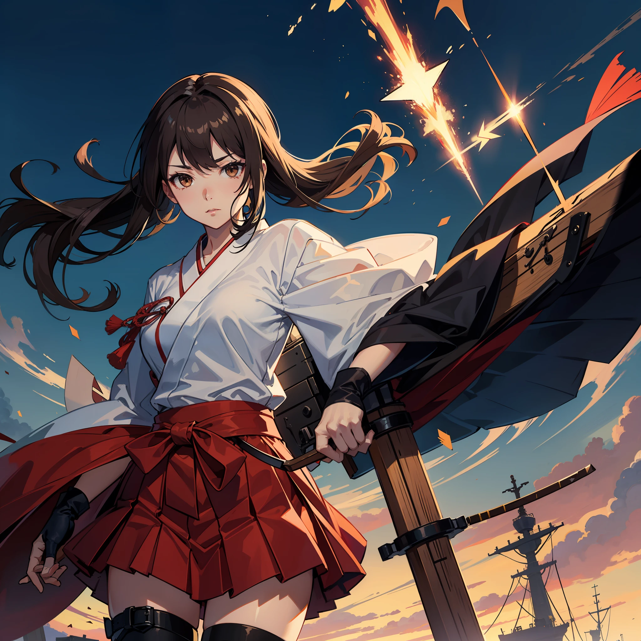 Anime girl with sword and sword in front of a ship（akagi (kancolle)) -  SeaArt AI