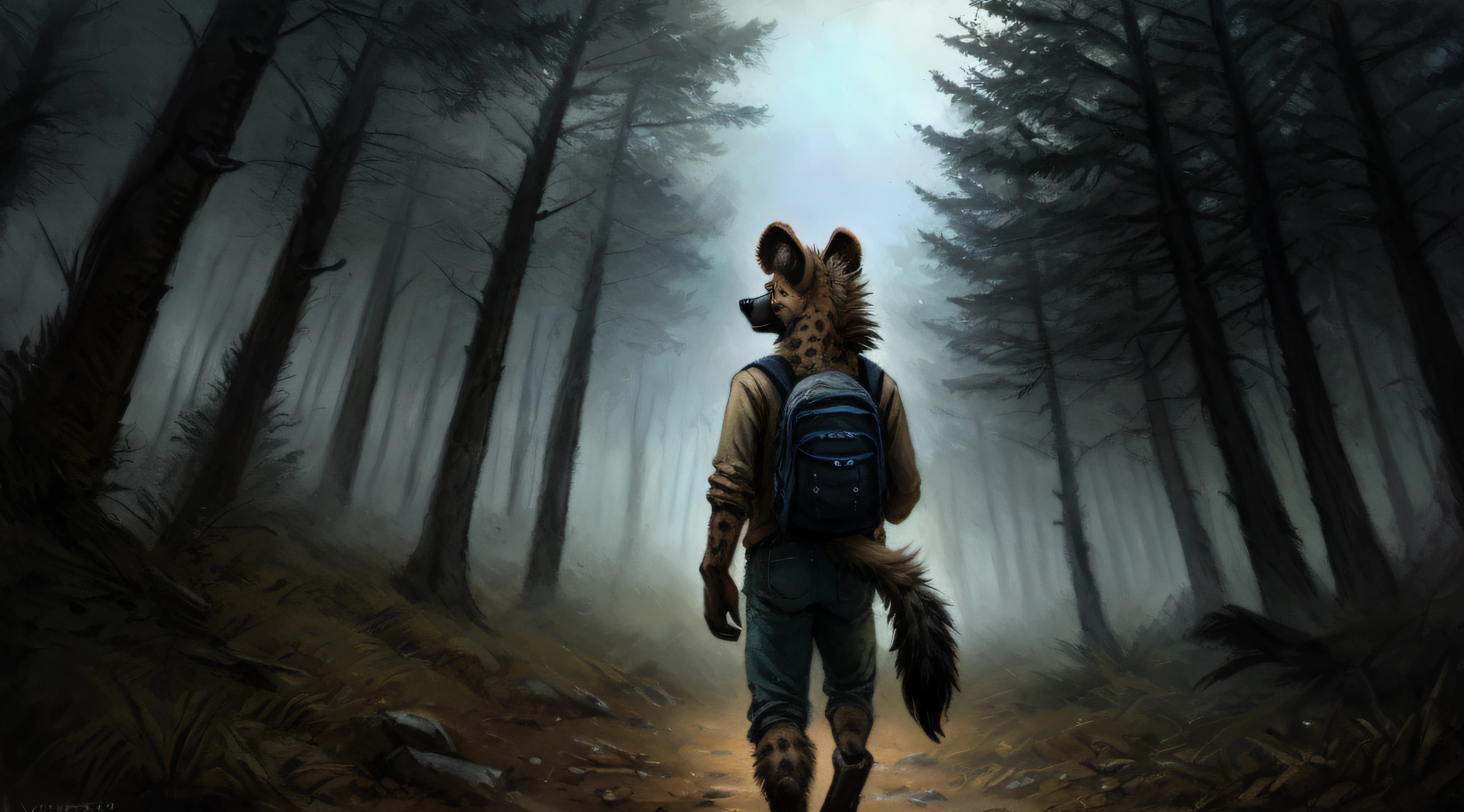 by Kenket, solo, male, (hyena:1.6), messy hair, jeans, jacket, adventure backpack, behind, perspective, forest, gloomy, dramatic lighting, blue glow, fog, detailed background