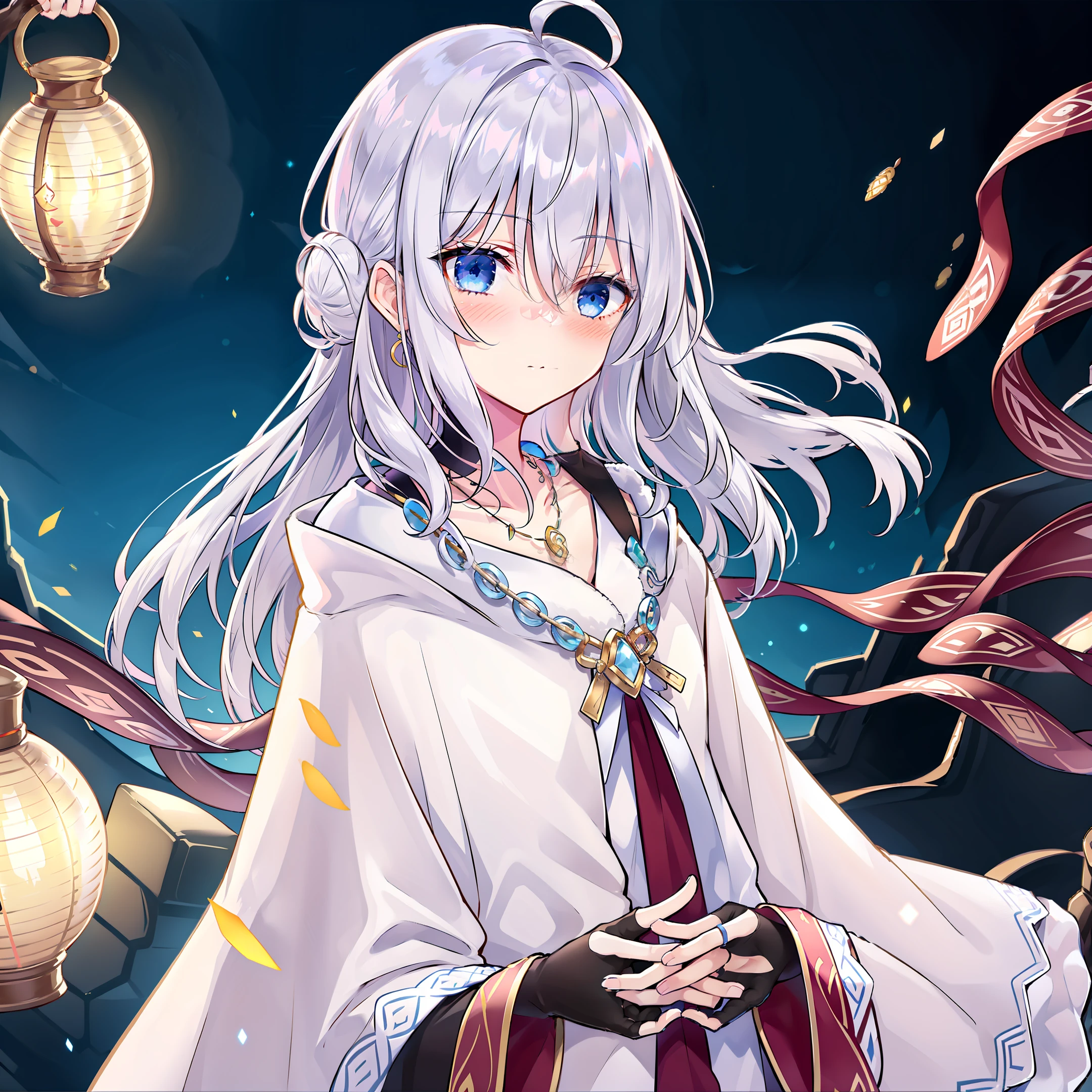 1girl, solo, blue eyes, hair bun, looking at viewer, white hair, night, bangs, outdoors, sky, gloves, upper body, long sleeves, double bun, night sky, black gloves, closed mouth, blush, fingerless gloves, own hands together, hair between eyes, sidelocks, necklace, fur trim, jewelry, wide sleeves, lantern