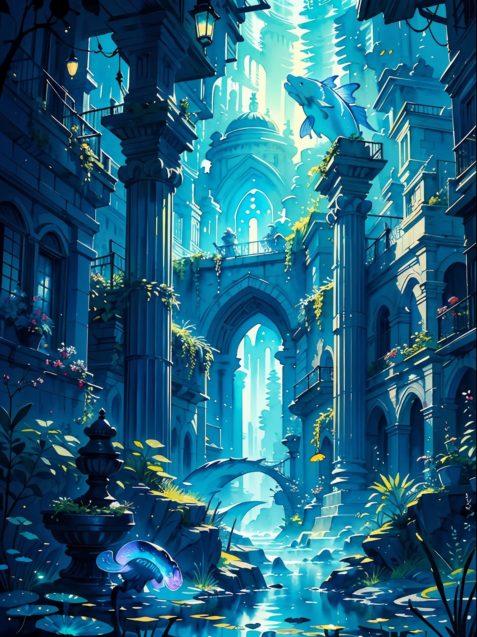 ((masterpiece)) ((watercolour:1.2)) under Atlantis city, beautiful place((intricate details)), fish and mermaid swim around city, ((Bioluminescence scane)), highly detailed, soft shadow, fantasy looking masterpiece ((illustration))