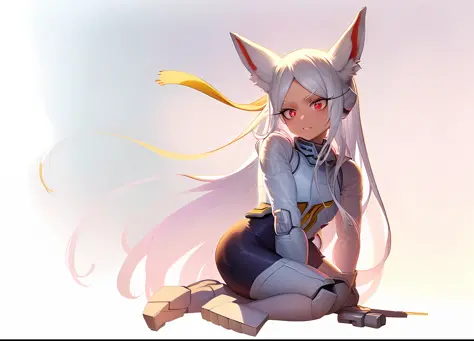 anime character sitting on a cat with a cat tail, fox-girl, White-haired fox, anime catgirl, female furry mini cute style, cute ...