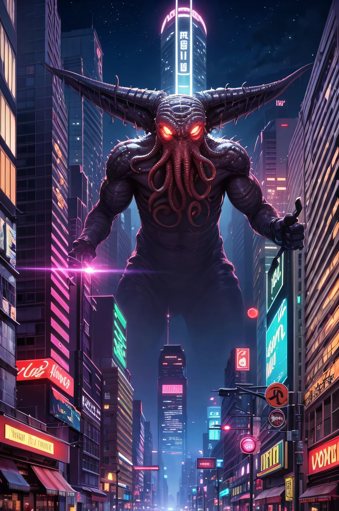Cthulhu, as a cyborg, cyberpunk style, best quality, futuristic city scene, night time, lovecraftian, red light district, highly detailed