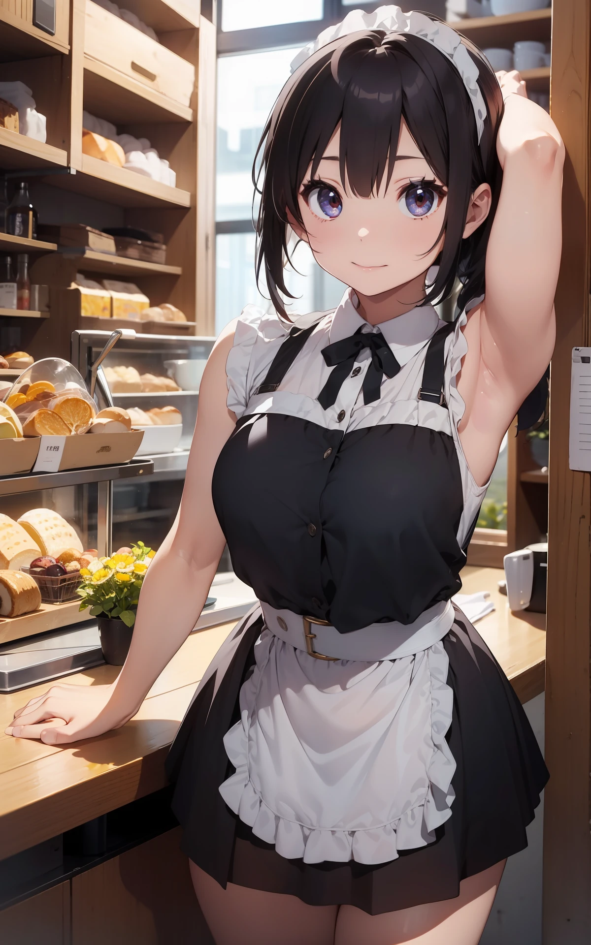 Anime girl in a maid outfit posing in front of a bakery counter - SeaArt AI