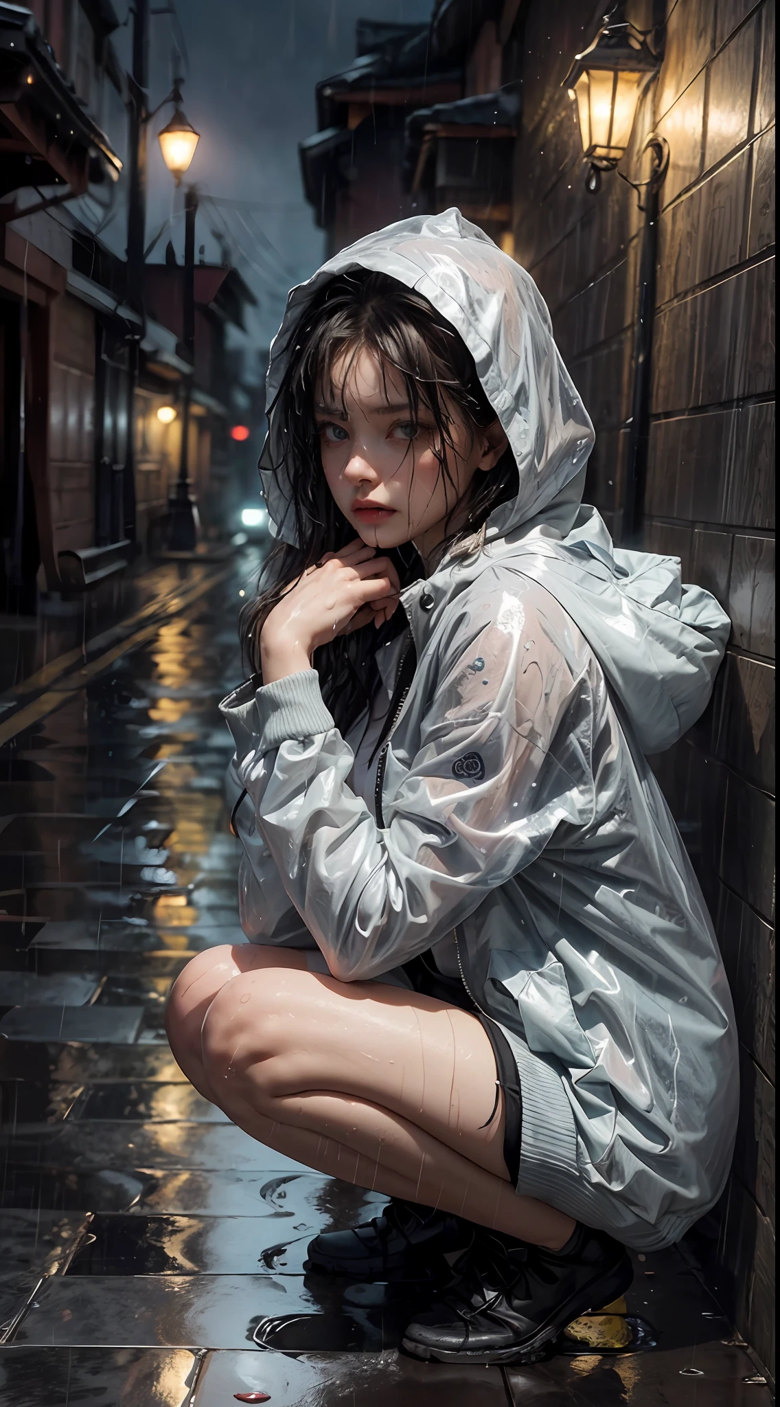 (masterpiece:1.2, best quality), (real picture, intricate details), (night, dark, downpour:1.4)
A young sad woman sitting in the alley crying, and the surroundings were silent, only the raindrops sprinkled on the tile eaves of the low houses near and far, making a slight rustling sound. In the cold rain, (1girl, wet hooded jacket,  sad, perfect eyes:1.2) squatting on the ground,