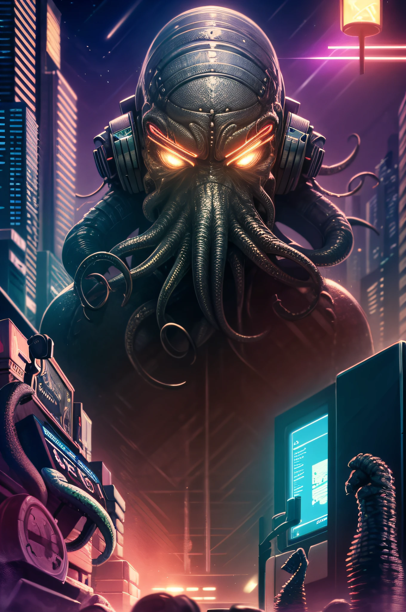 cthulhu, como um ciborgue, Estilo ciberpunk, Usando fones de ouvido, Ouvir iPod,  melhor qualidade, cena futurista da cidade, período noturno, Lovecraftiano, Zona de meretrício, Altamente detalhado, corredor de folhas