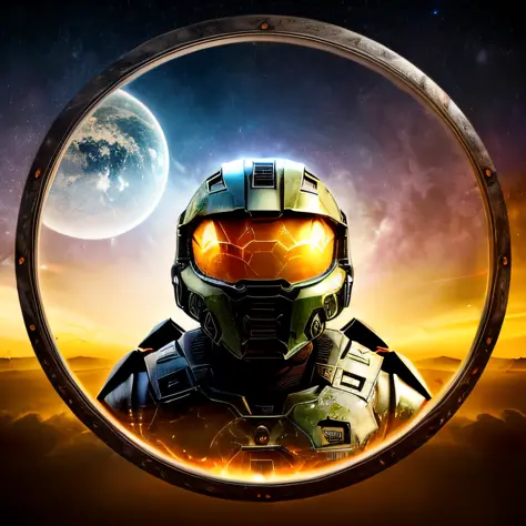man with halo armor,  in a space base,lightly rusty halo armor, professional photo, milky way