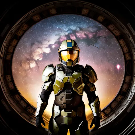man with halo armor,  in a space base,lightly rusty halo armor, professional photo, milky way