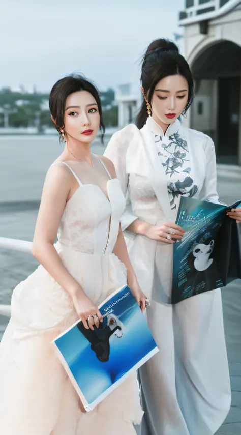 there are two people standing next to each other on a bridge, ao dai, fashion magazine photography, fine art fashion magazine style, in style of lam manh, 🤬 🤮 💕 🎀, magazine photography, magazine photo shoot, magazine shoot, tight light blue neopren suits, ...